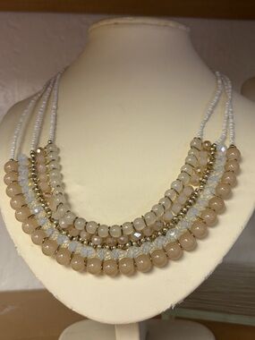 Boho Multi-Strand Beige and Gold Beaded Necklace